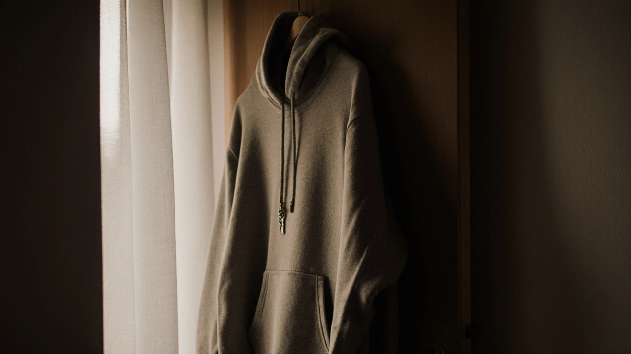 A worn hoodie hanging on a door with a key in the pocket, soft morning light highlighting its quiet history.