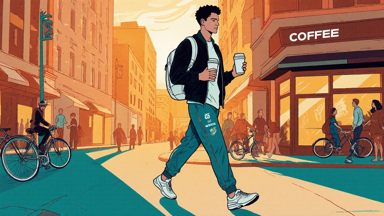 Athleisure outfit on a person walking past a coffee shop in a sunny city street.