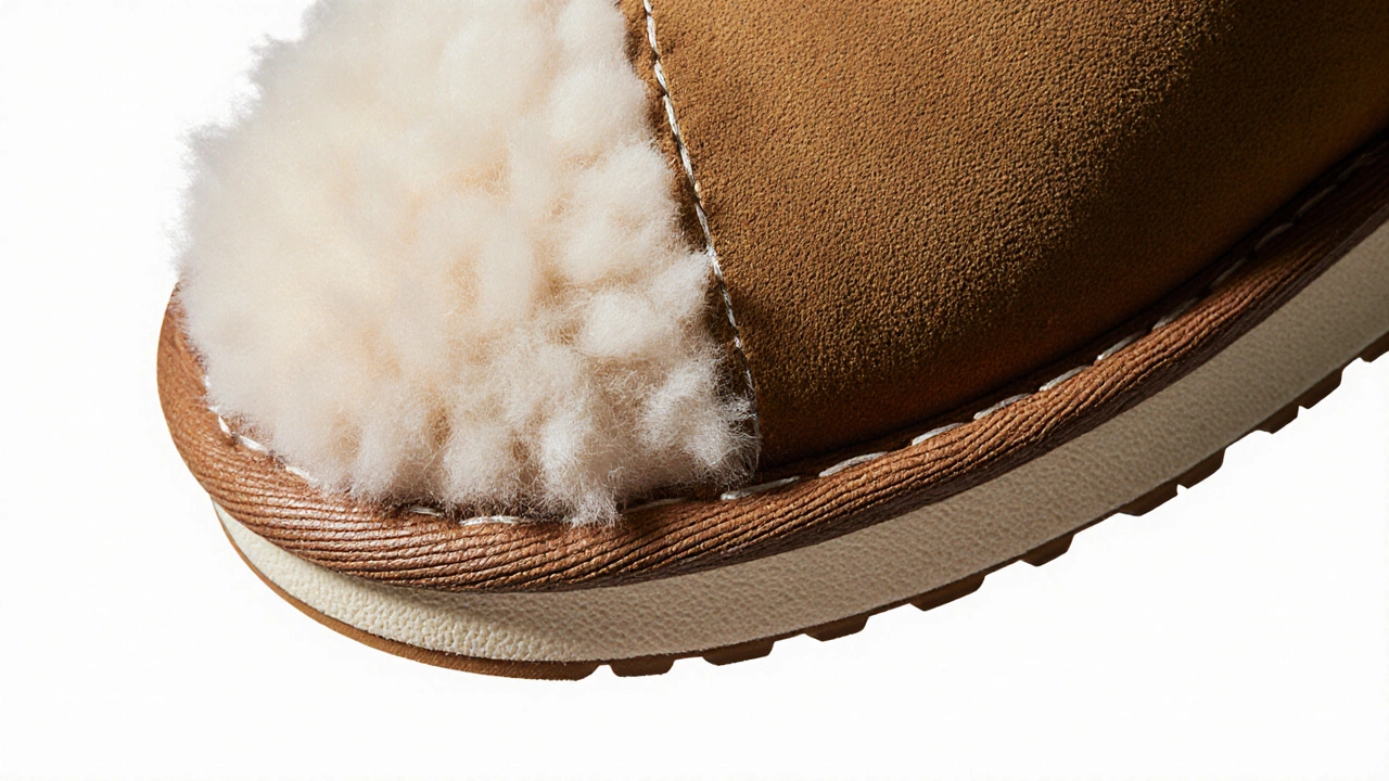 Close‑up of sheepskin fibers, Twinface leather split, foam sole, and hand stitching of a UGG slipper.