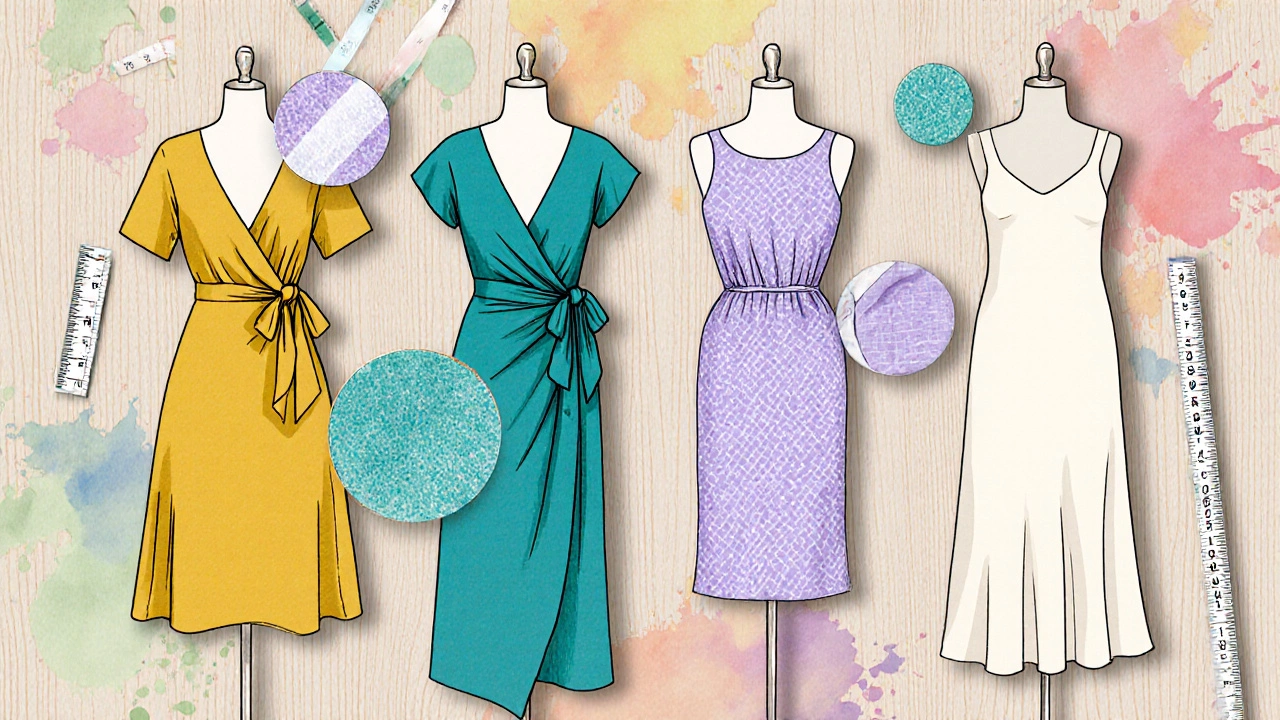 Collage of four sundress styles on mannequins with fabric swatches and measuring tape.