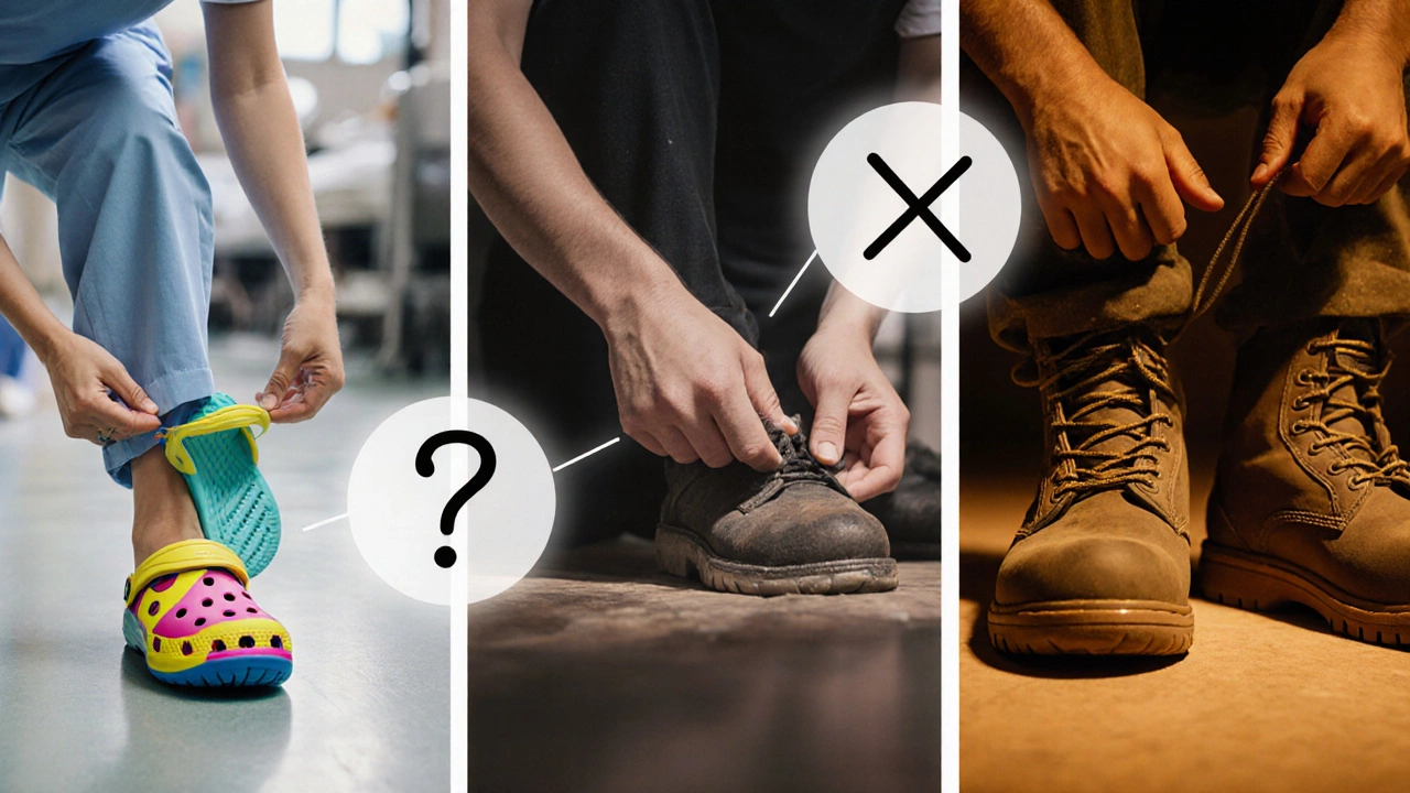 Collage of nurse, chef, and construction worker choosing appropriate shoes.