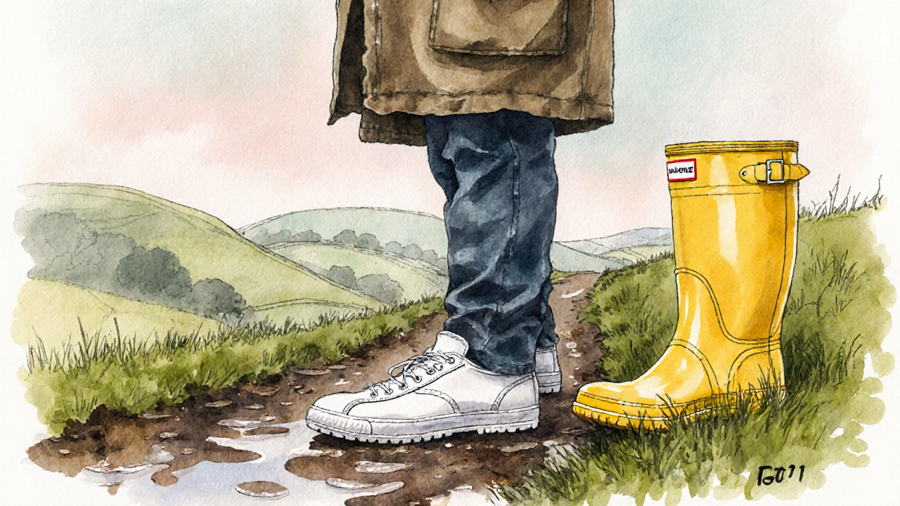 Countryside scene with trainers on one foot and yellow wellies nearby.