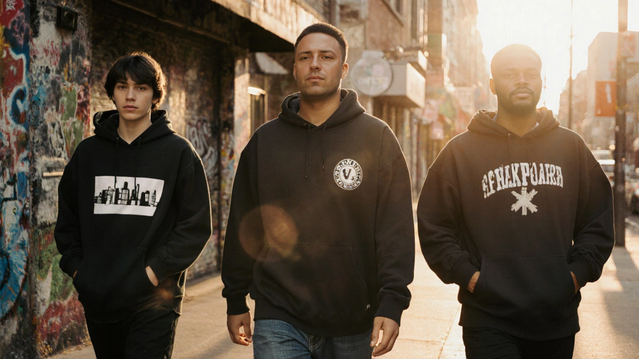 Diverse individuals walking through an urban street, each wearing a hoodie that reflects their personal identity.