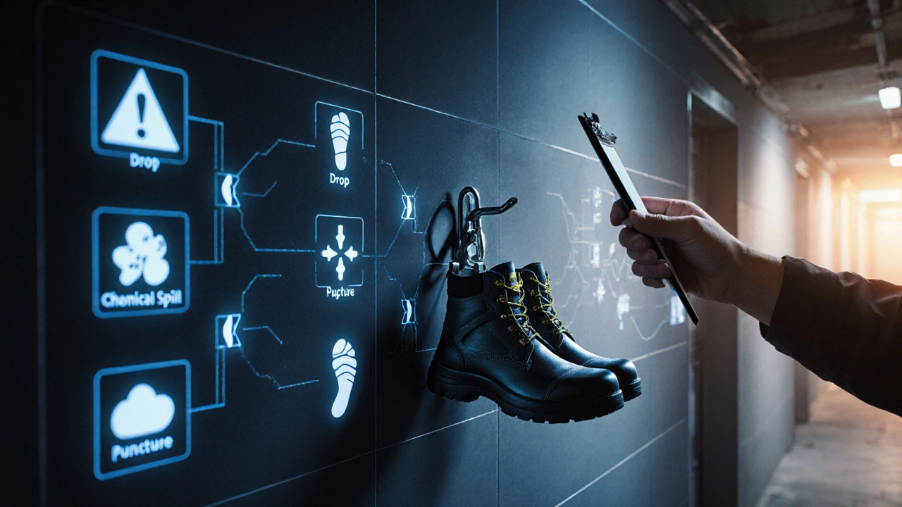 Factory wall with hazard icons, footprints leading to safety boots and a checklist.