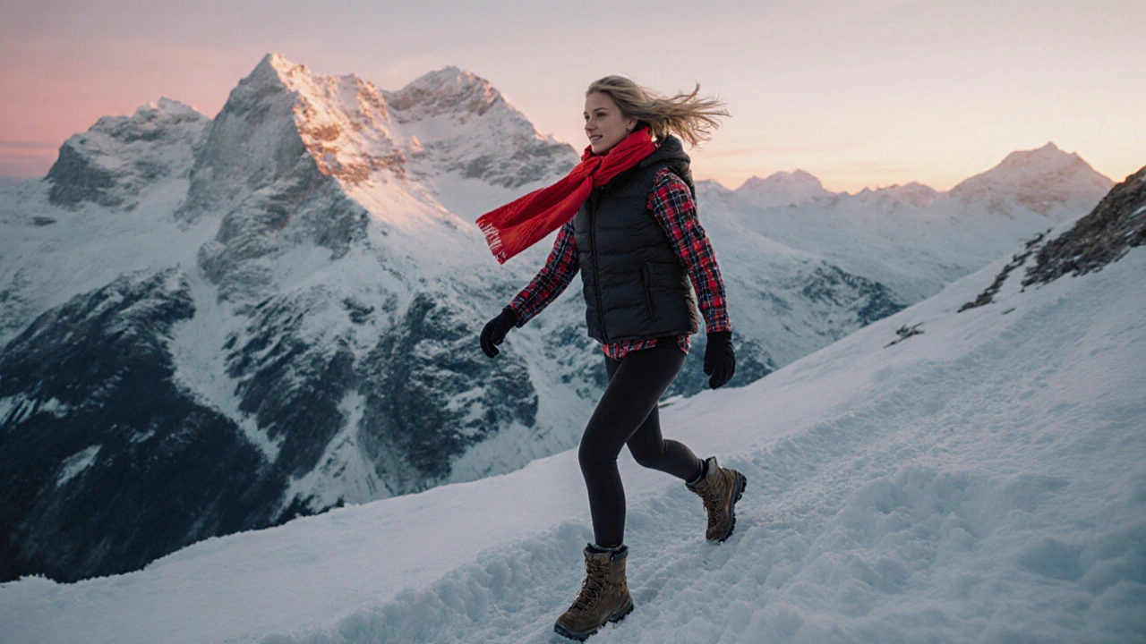 Female hiker wearing a puffer vest over a flannel shirt on a snowy sunrise mountain trail.