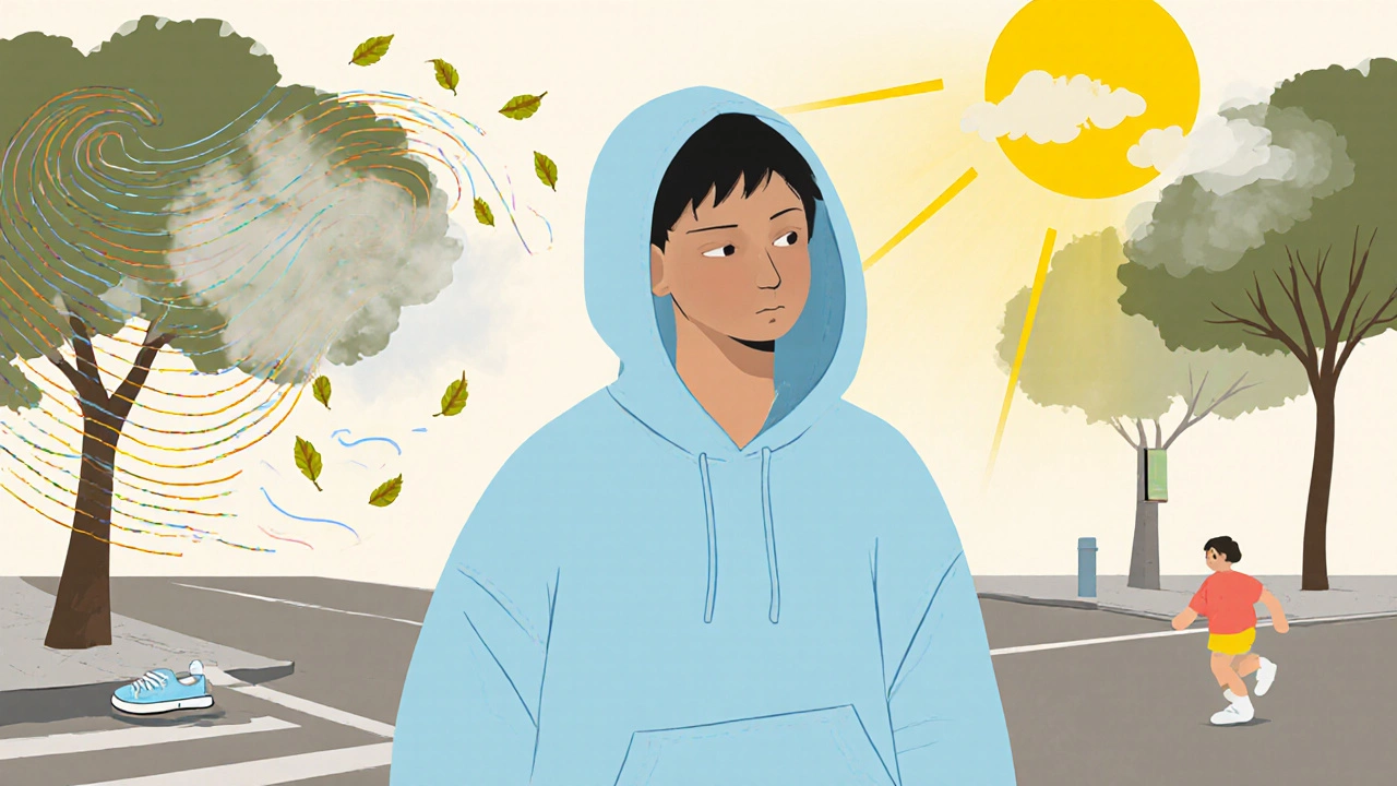 Figure in a pastel hoodie surrounded by symbols of wind, humidity, sun, and activity.