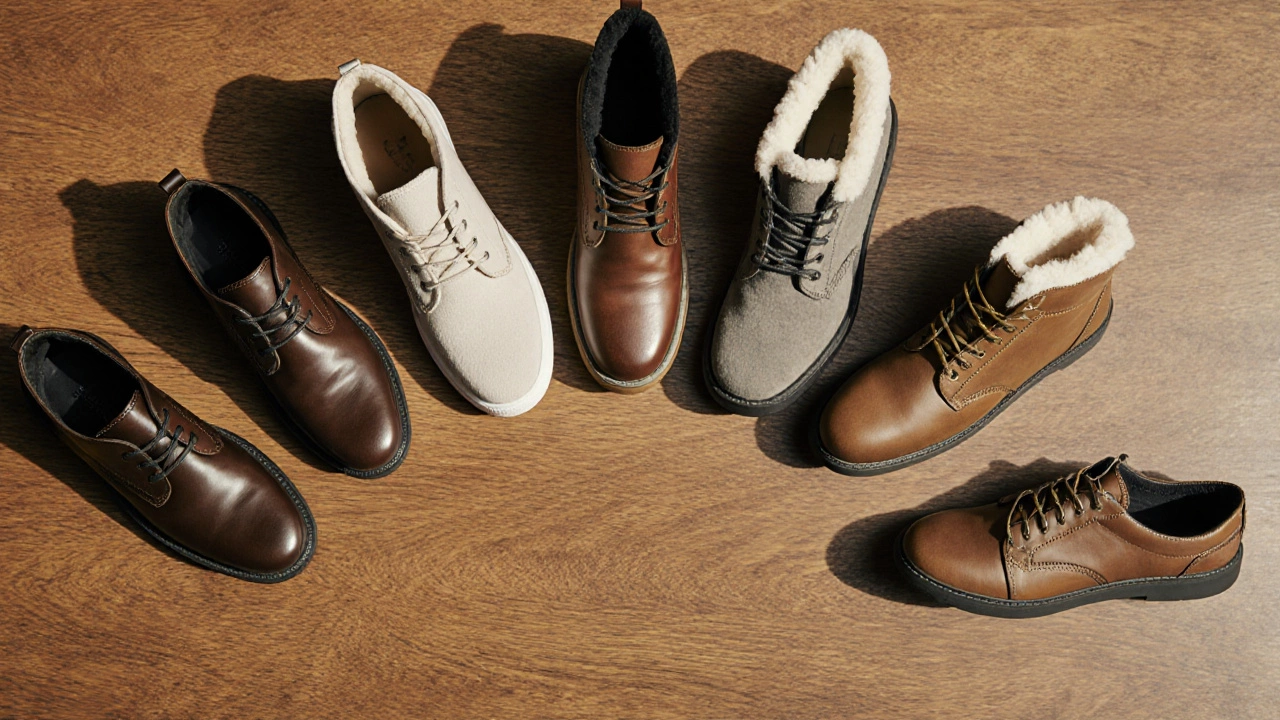 Flat‑lay of various alternative shoes on a wooden floor.