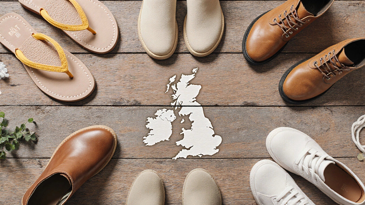 Flat‑lay of various UK footwear: thongs, jandals, sandals, plimsolls, boots, sneakers, slingbacks.