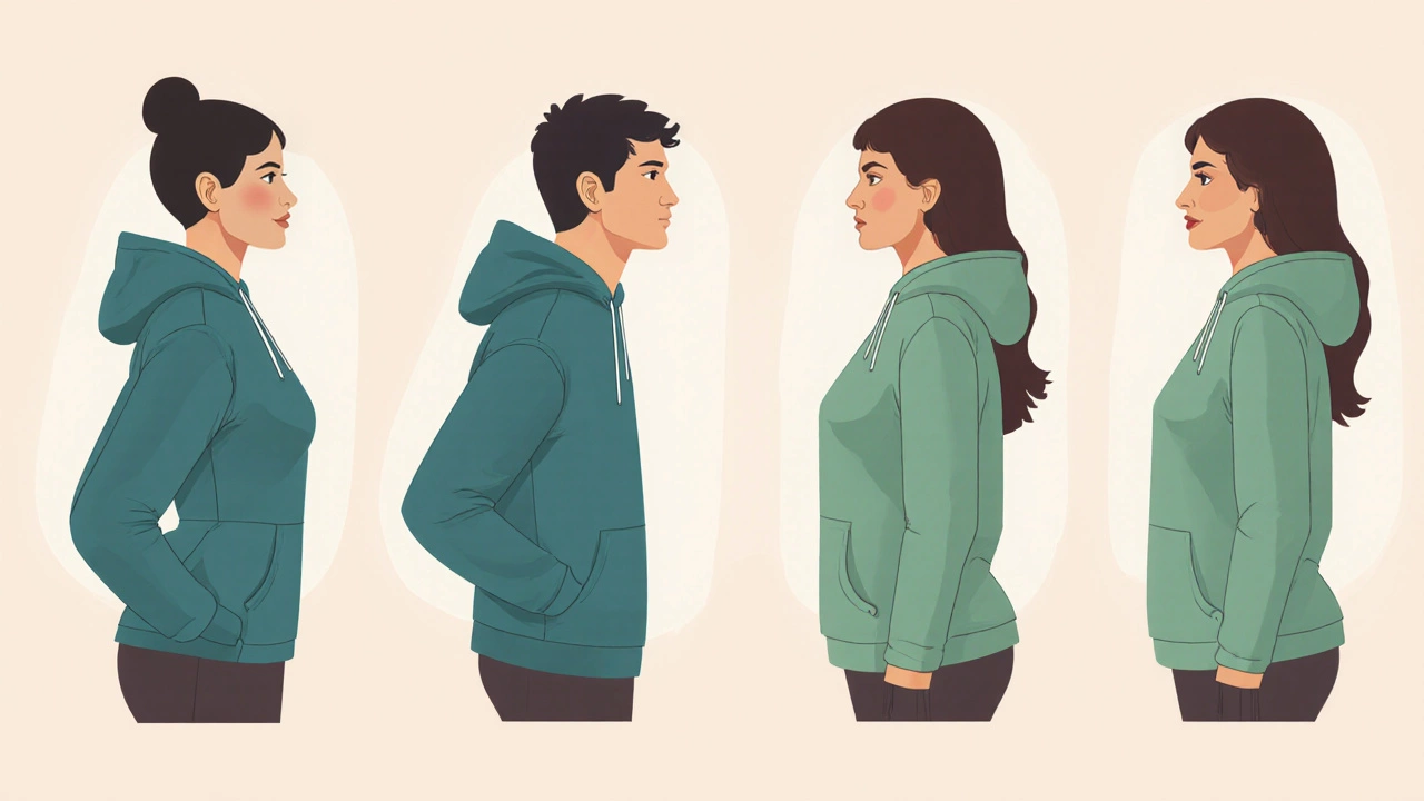 Four body silhouettes wearing different hoodie fits that suit each shape.