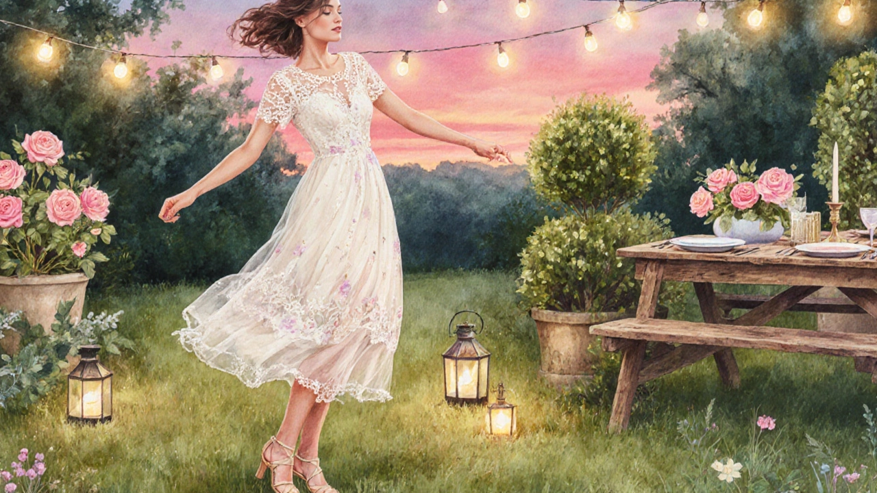 Guest in a ivory chiffon tea‑length dress dancing on a garden lawn at twilight.