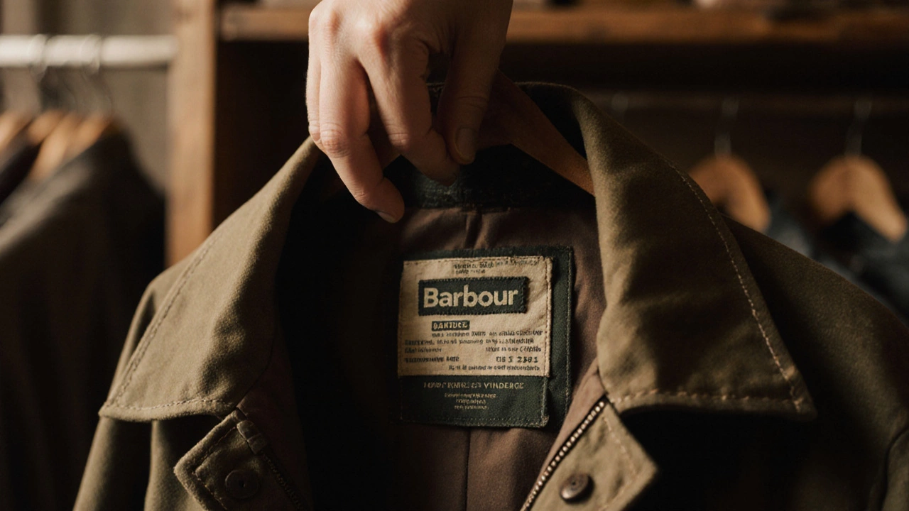 Hand touching the interior label of a 1960s waxed jacket in a cozy vintage shop, warm lighting.