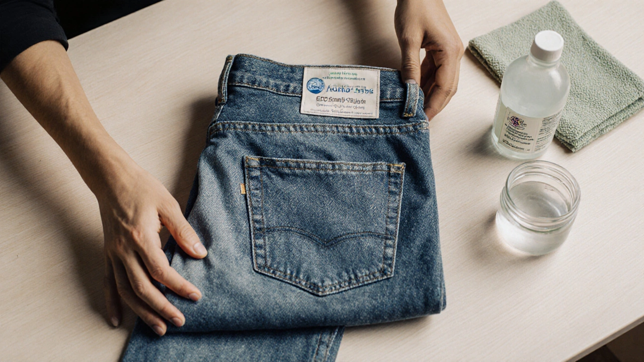 Hands caring for raw denim with eco-friendly detergent and mild soap.