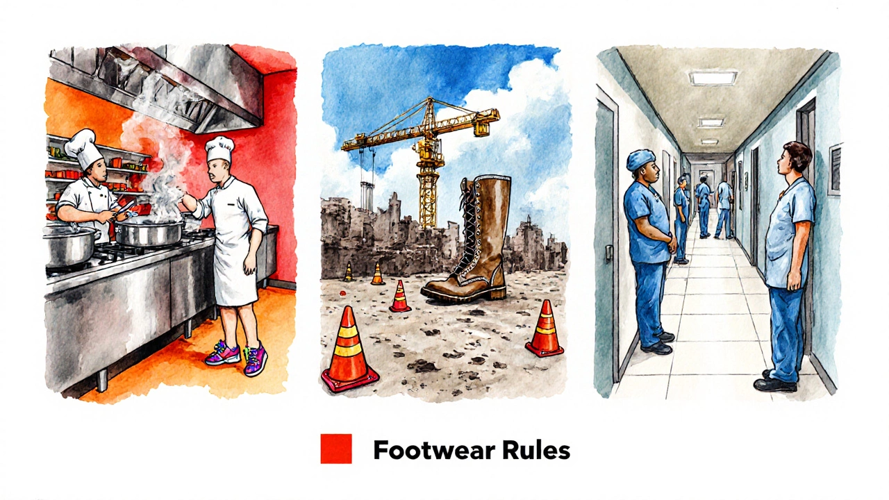 Illustrated panels showing kitchen, construction, and hospital workers wearing proper shoes.