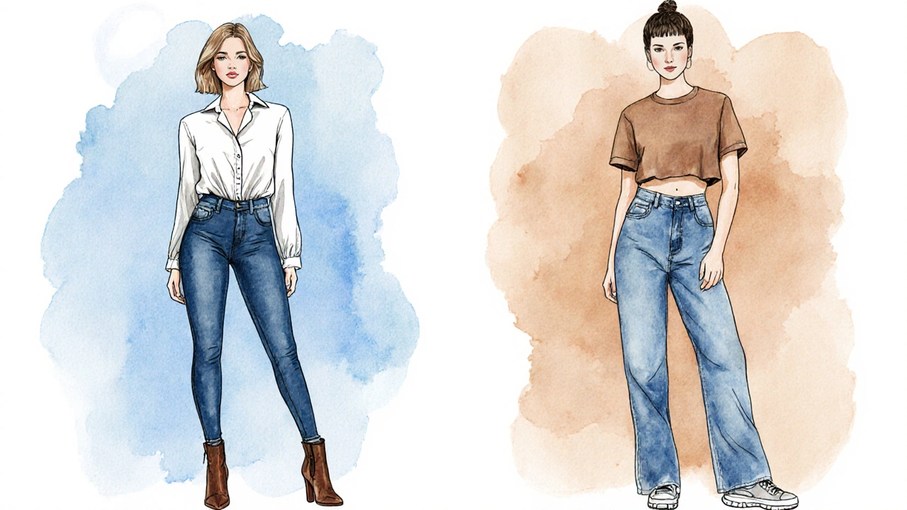 Illustration comparing tight jeans on hourglass figure and loose jeans on apple shape.