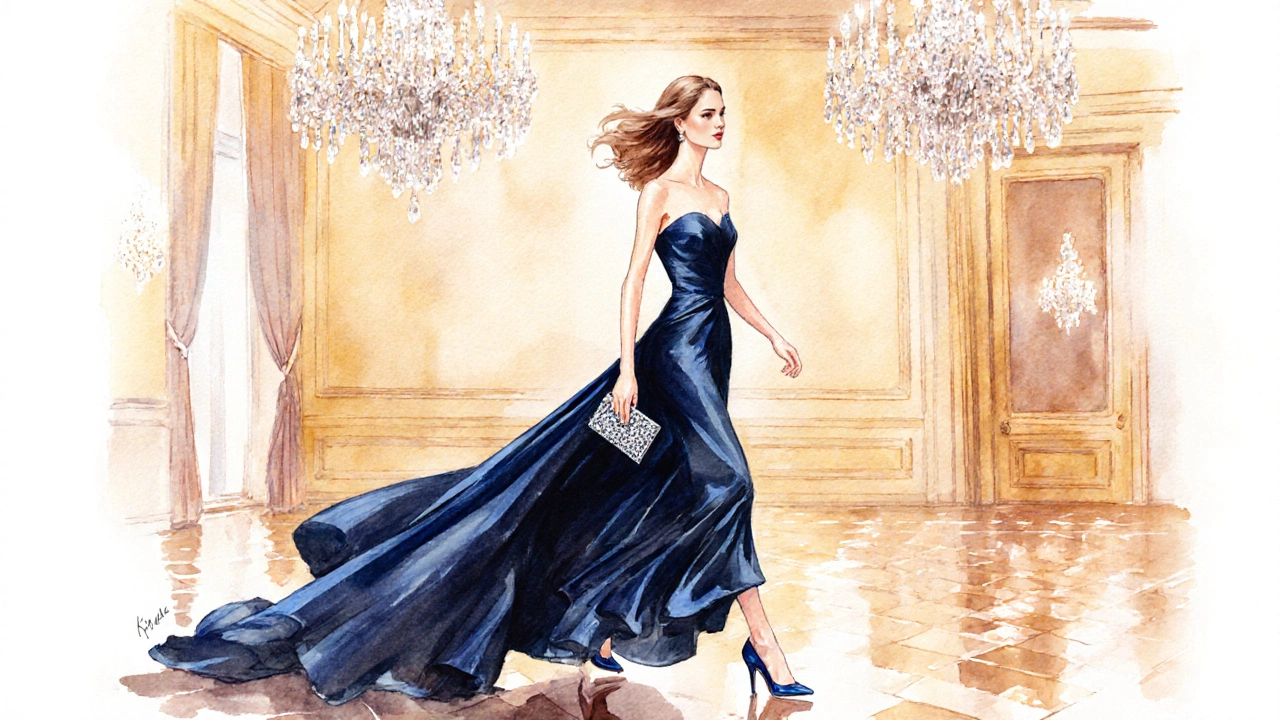 Kate dancing in a midnight‑blue gown, wearing matching shoes with a subtle size difference.