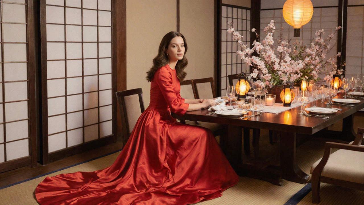 Kate Middleton in a red dress at a Japanese diplomatic dinner.