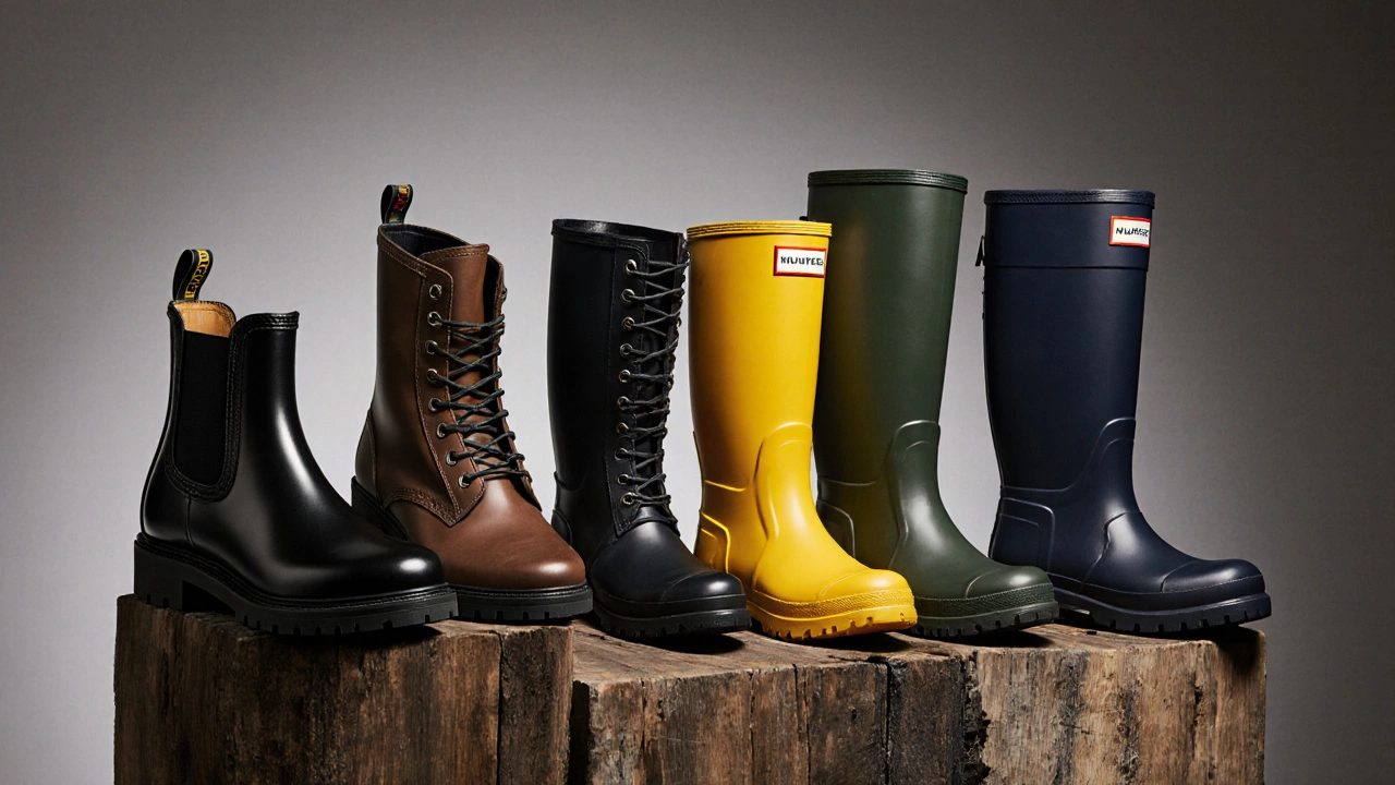 Lineup of British boots: Chelsea, Derby, combat, wellies, hunter, ankle, knee‑high.