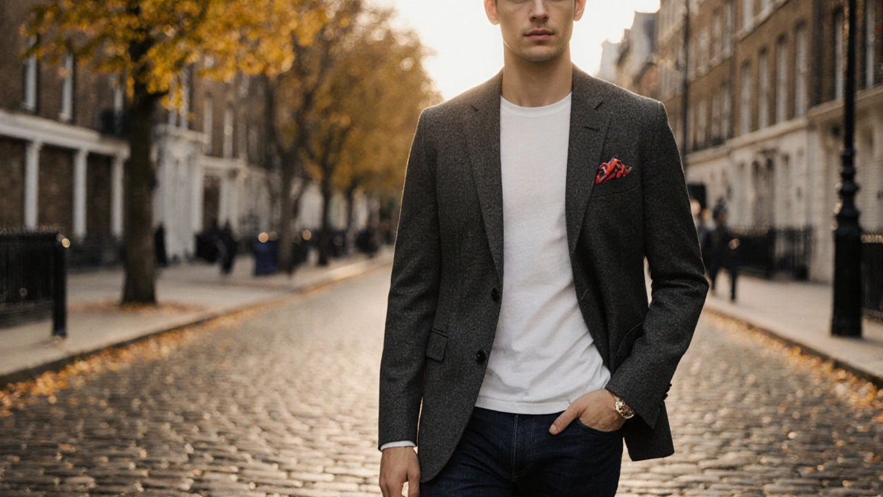 Man in a blazer over a t‑shirt with jeans on a London street during golden hour.