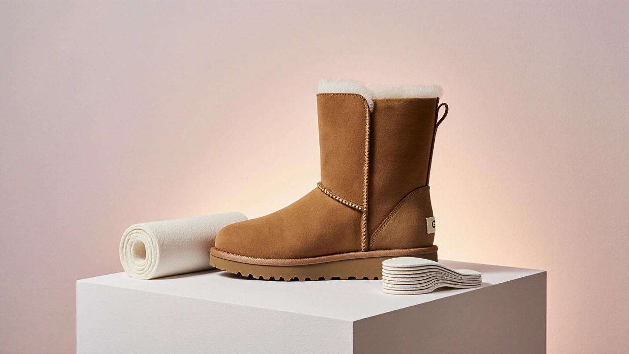 Minimalist scene of a UGG boot with a thin liner, foot pad, and insoles displayed beside it.