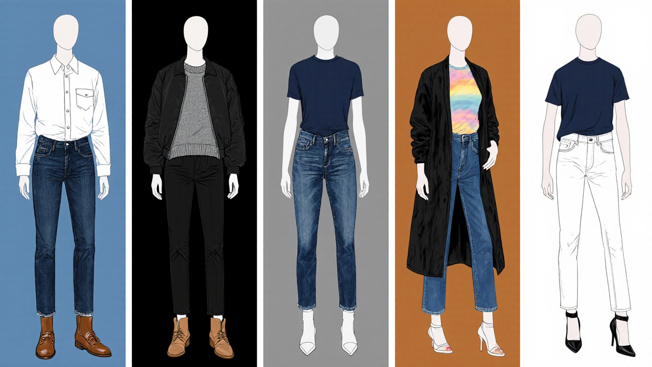 Model showcases indigo, black, dark wash, light wash, and white jeans styled with various outfits.