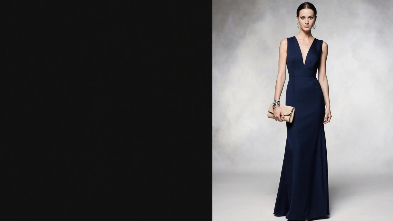 Model wearing a navy dress with pearls and a neutral clutch.