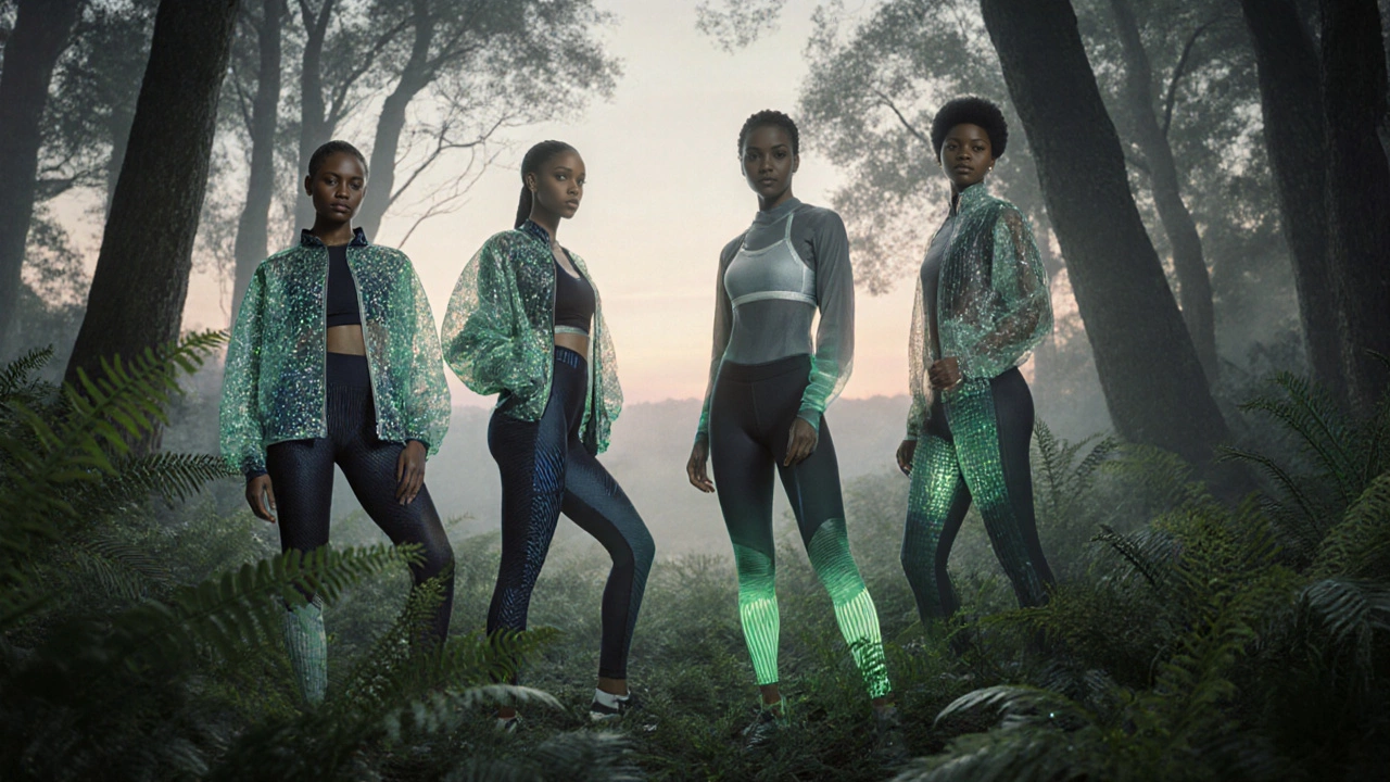 Models in a forest wearing futuristic sustainable sportswear made of recycled materials.