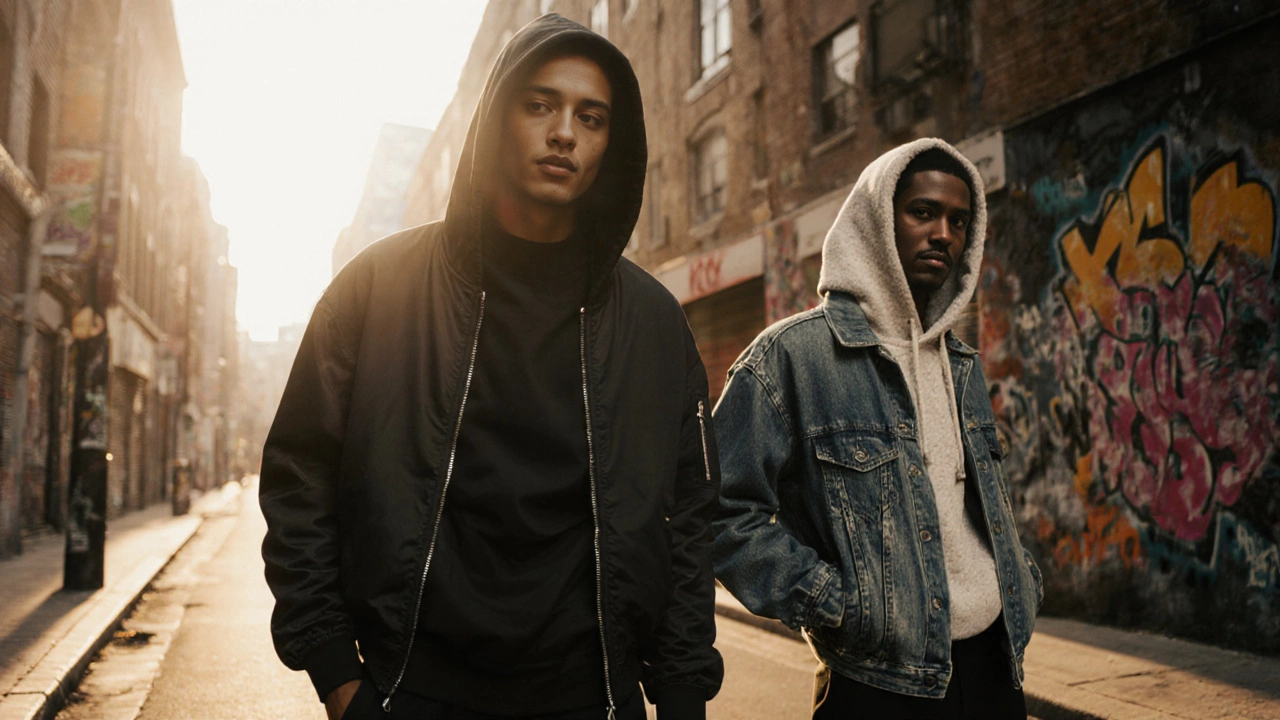 Models showing a tight hoodie under a bomber and a loose hoodie over a denim jacket.