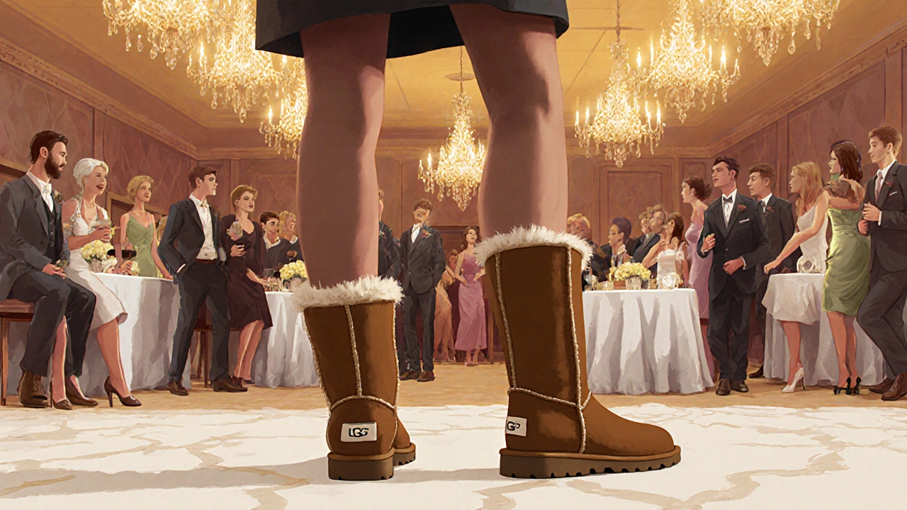Person in Uggs stands out among formally dressed guests at a wedding.
