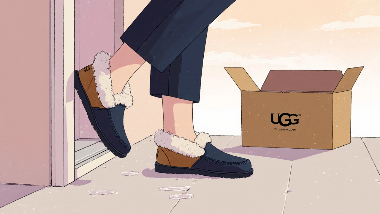 Person stepping outdoors in UGG slippers with recyclable packaging nearby, showing sustainable style.