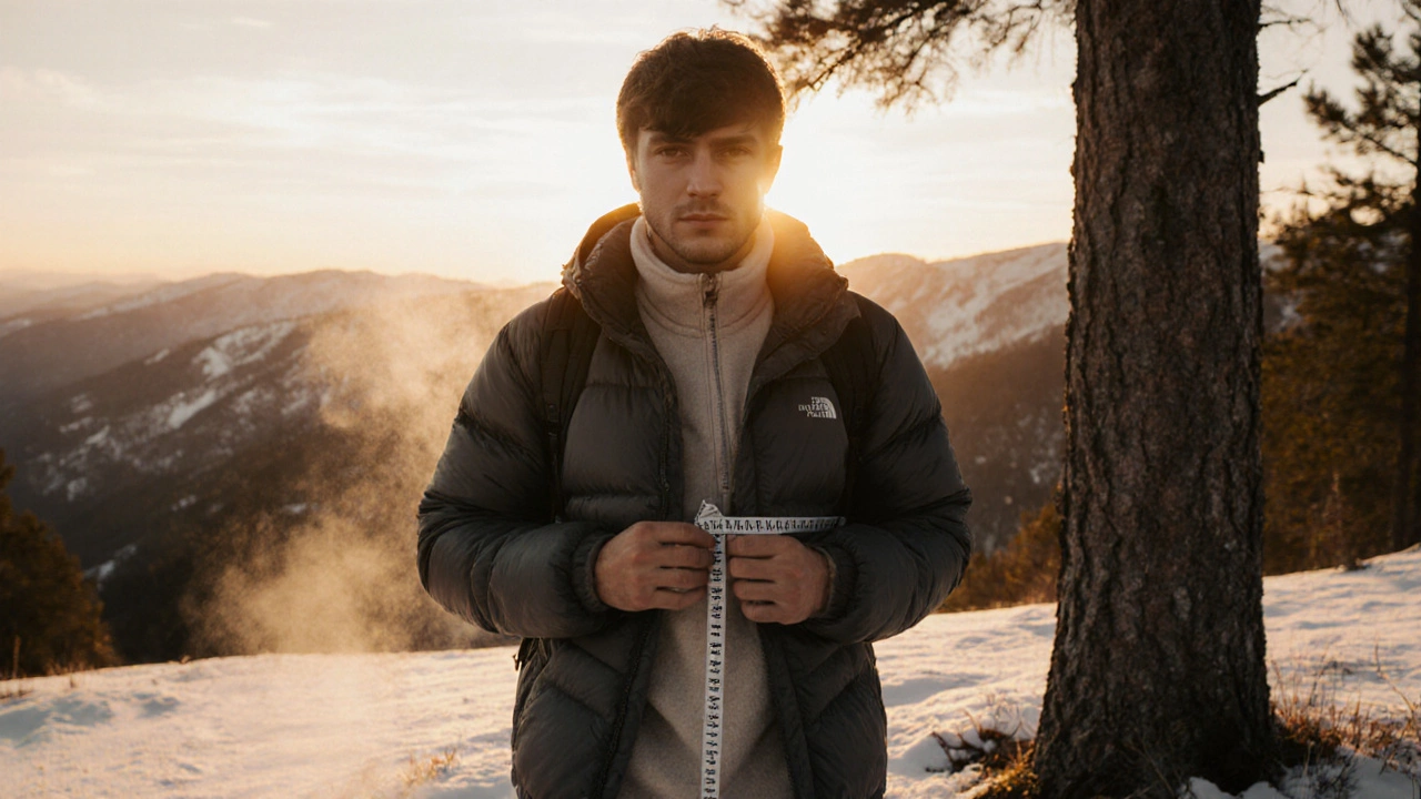 Shopper measuring chest while wearing a down jacket with layers outdoors.
