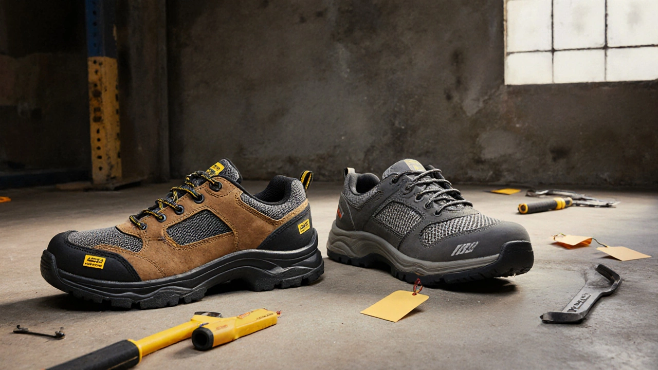 Side-by-side comparison of certified safety shoe and comfort-focused work shoe on concrete floor.