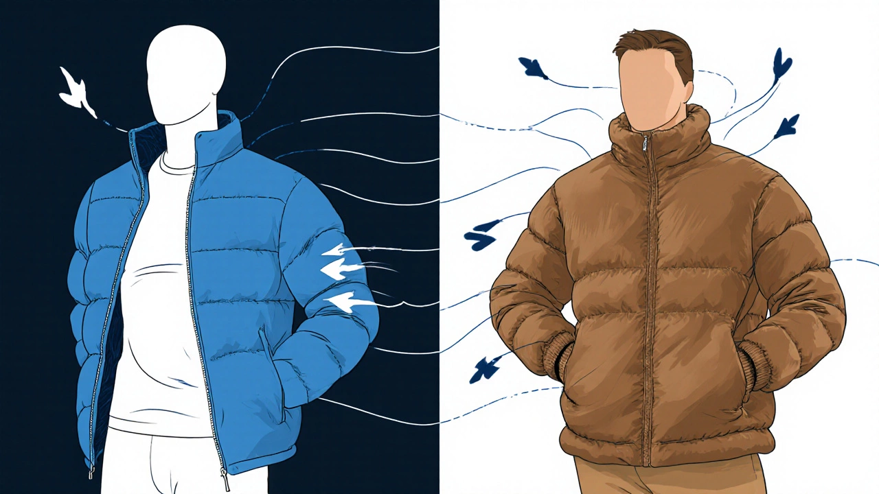 Side‑by‑side comparison of tight and loose down jackets on mannequins.