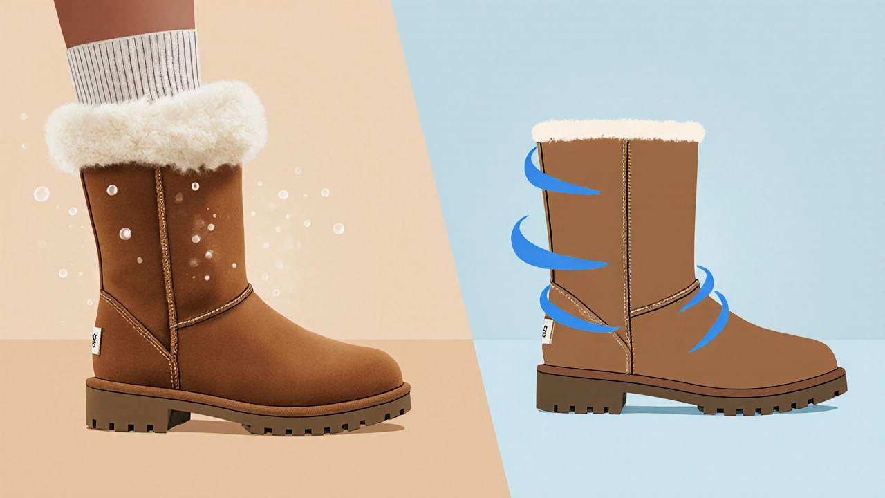 Side‑by‑side illustration of a UGG boot with a thick sock versus a thin liner, highlighting fit and breathability.