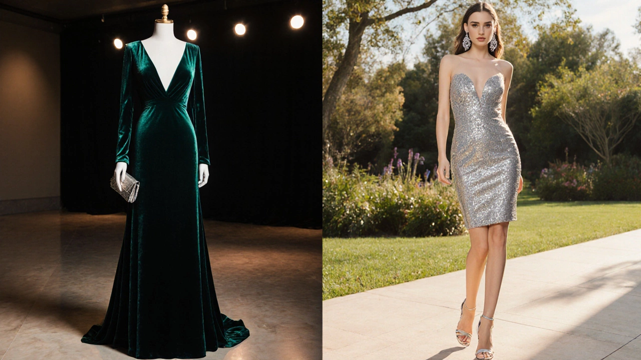 Side‑by‑side view of a floor‑length velvet gown and a short silver cocktail dress with matching accessories.