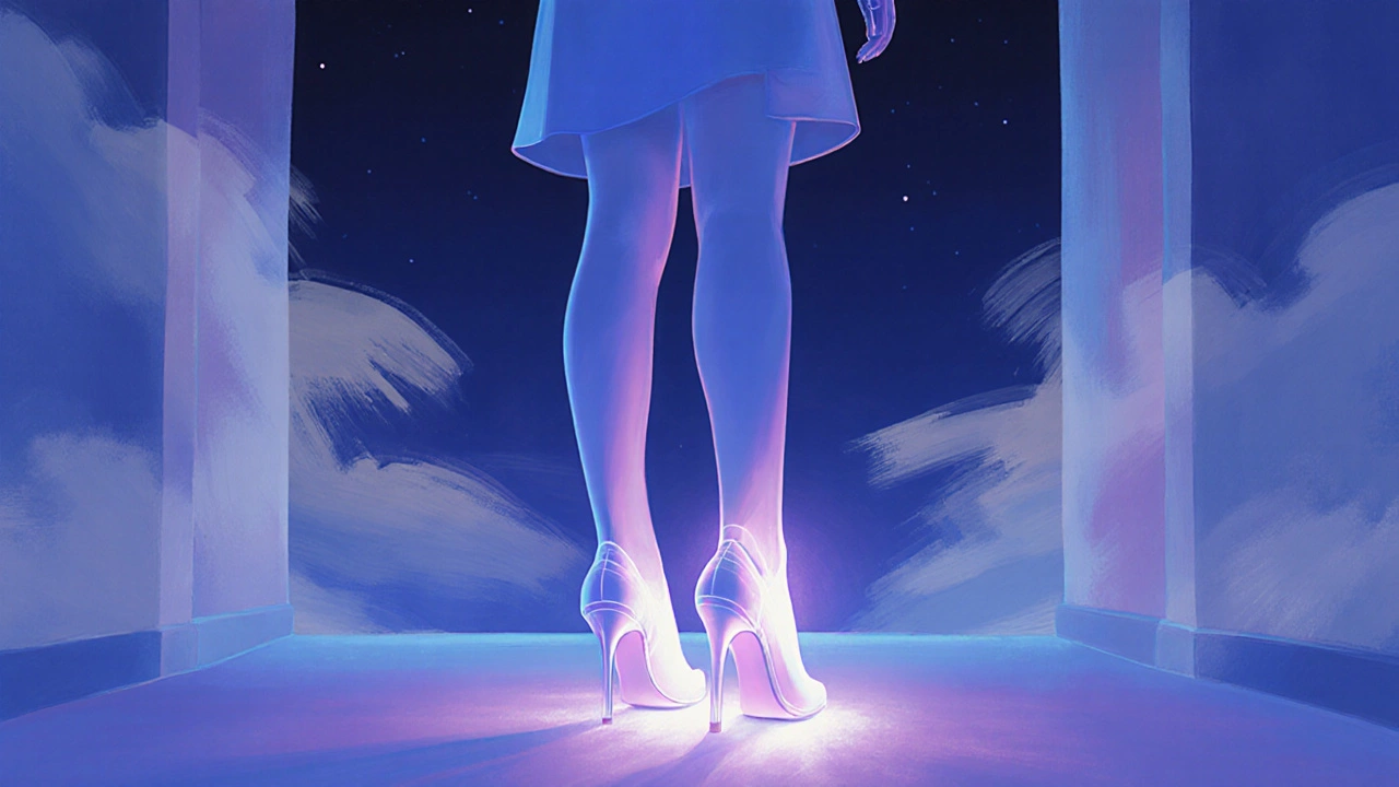 Silhouette of Kate in high heels, one shoe larger, highlighted foot anatomy indicating proper fit.