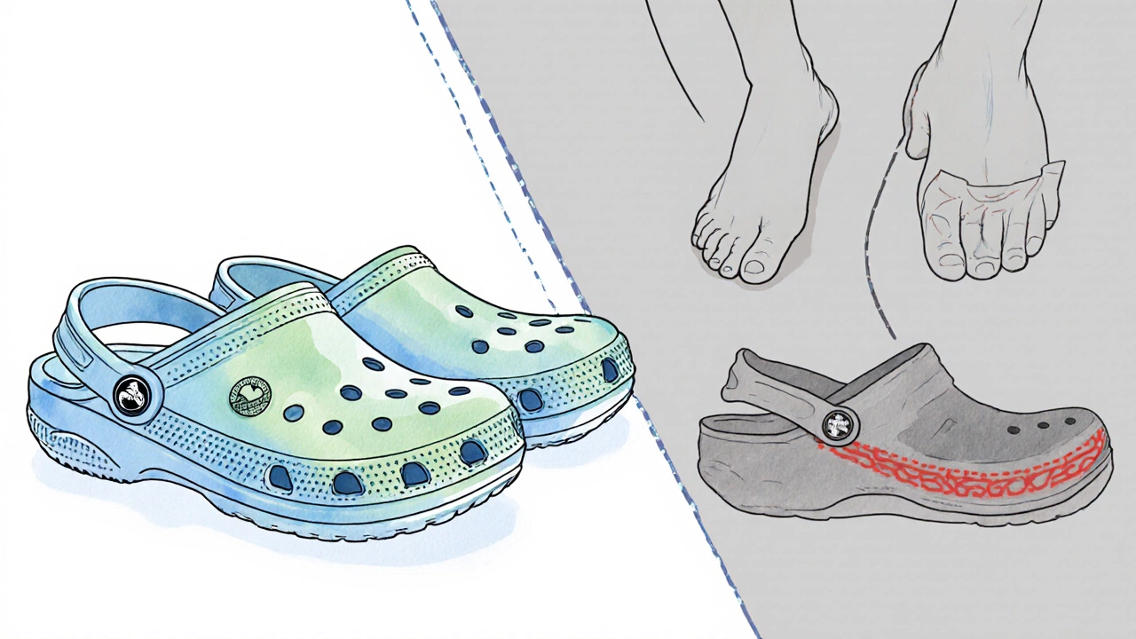 Split illustration showing Crocs&#039; comfort features versus lack of support.