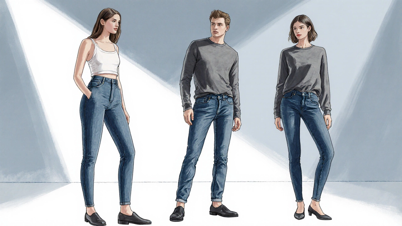 Studio illustration showing high‑rise skinny jeans on different body shapes.