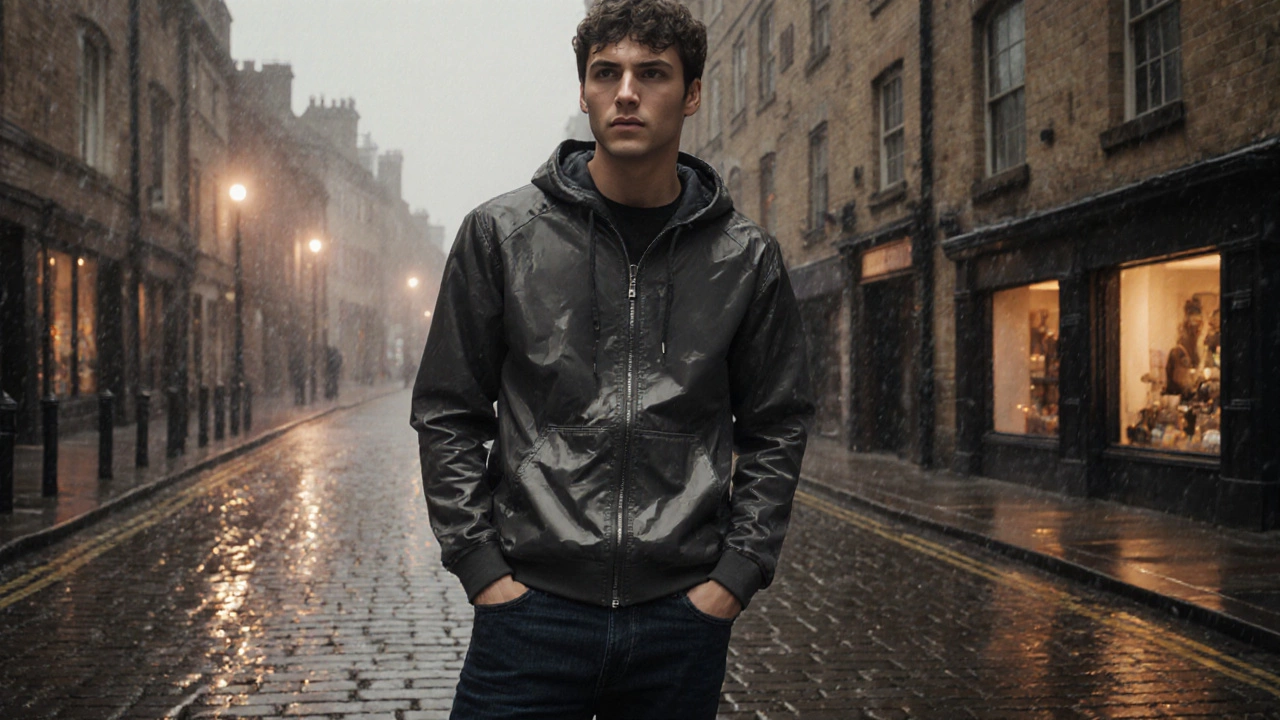 Stylish person in a dark hoodie with raincoat shell walking on a rainy York street.