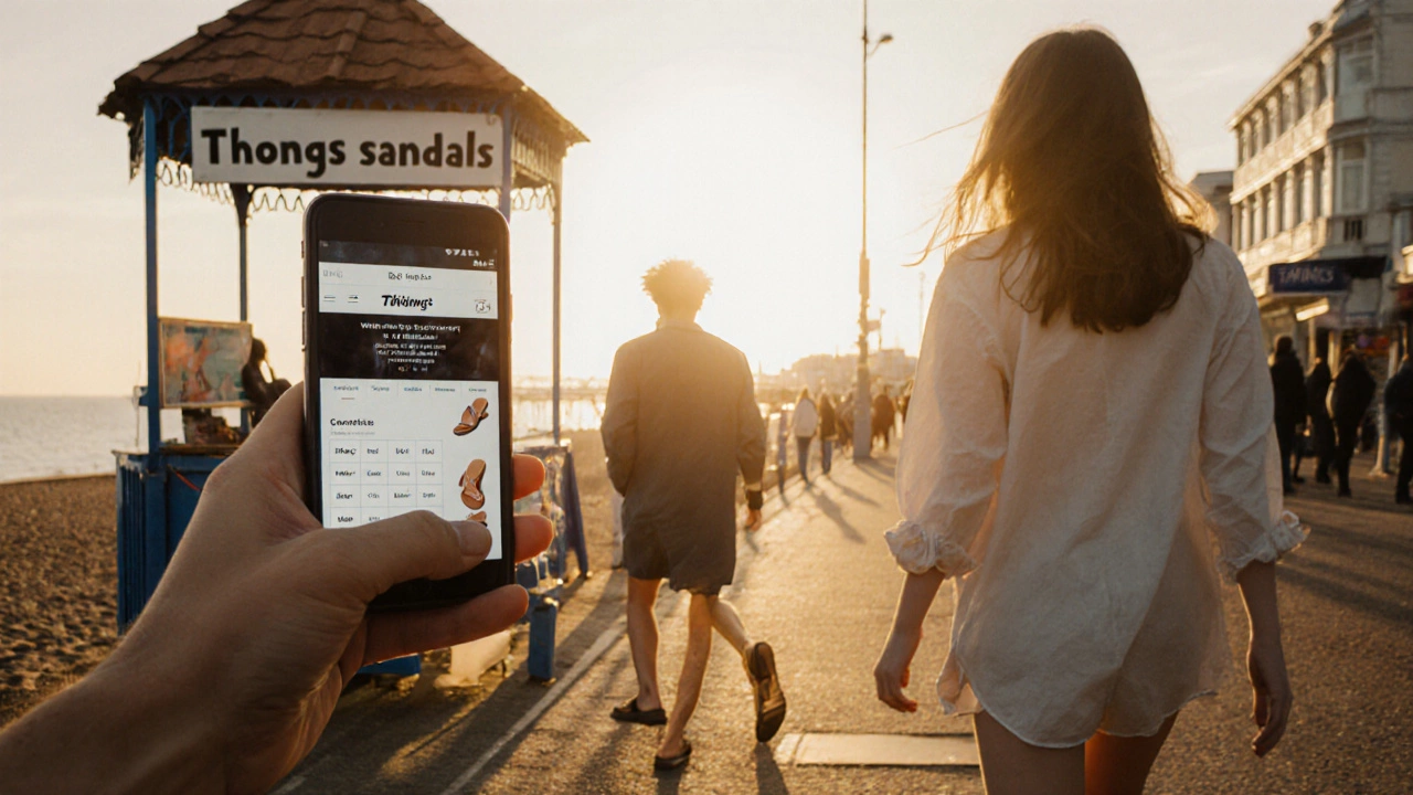 Sunset beach scene with a teen wearing thongs and a friend viewing a size‑conversion chart on a phone.