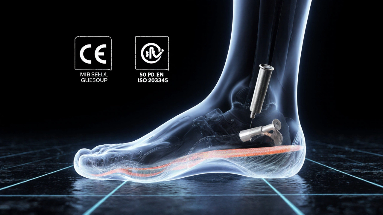 Transparent shoe showing internal protective layers against impact and puncture hazards.