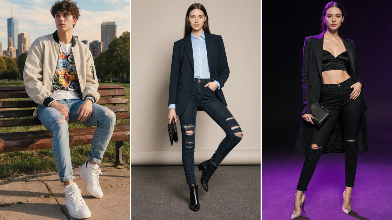 Triptych collage of casual, work, and evening looks featuring skinny jeans.