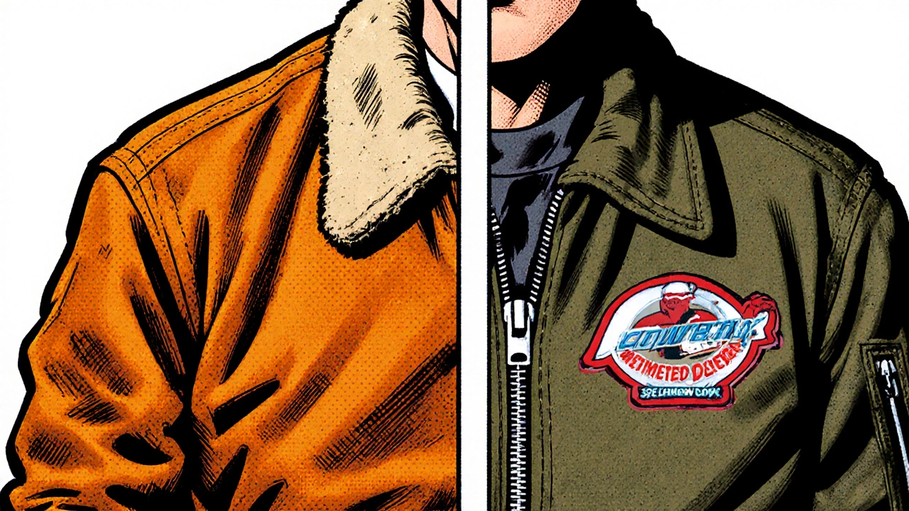 Vintage comic-style comparison of authentic 1980s leather bomber vs modern copy with material details.