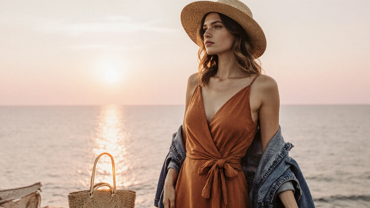 Woman in a terracotta wrap sundress at a seaside brunch, wearing a straw hat and denim jacket.