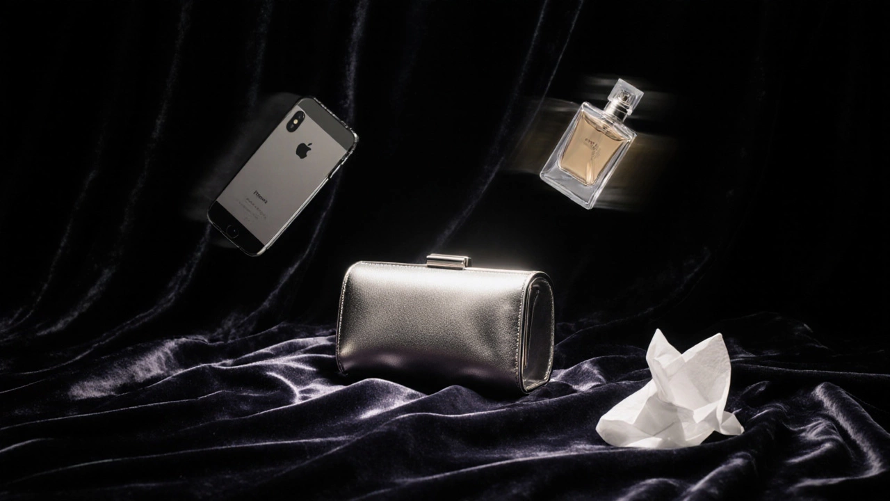 A clutch on velvet with floating symbols of personal essentials like perfume and tissue.