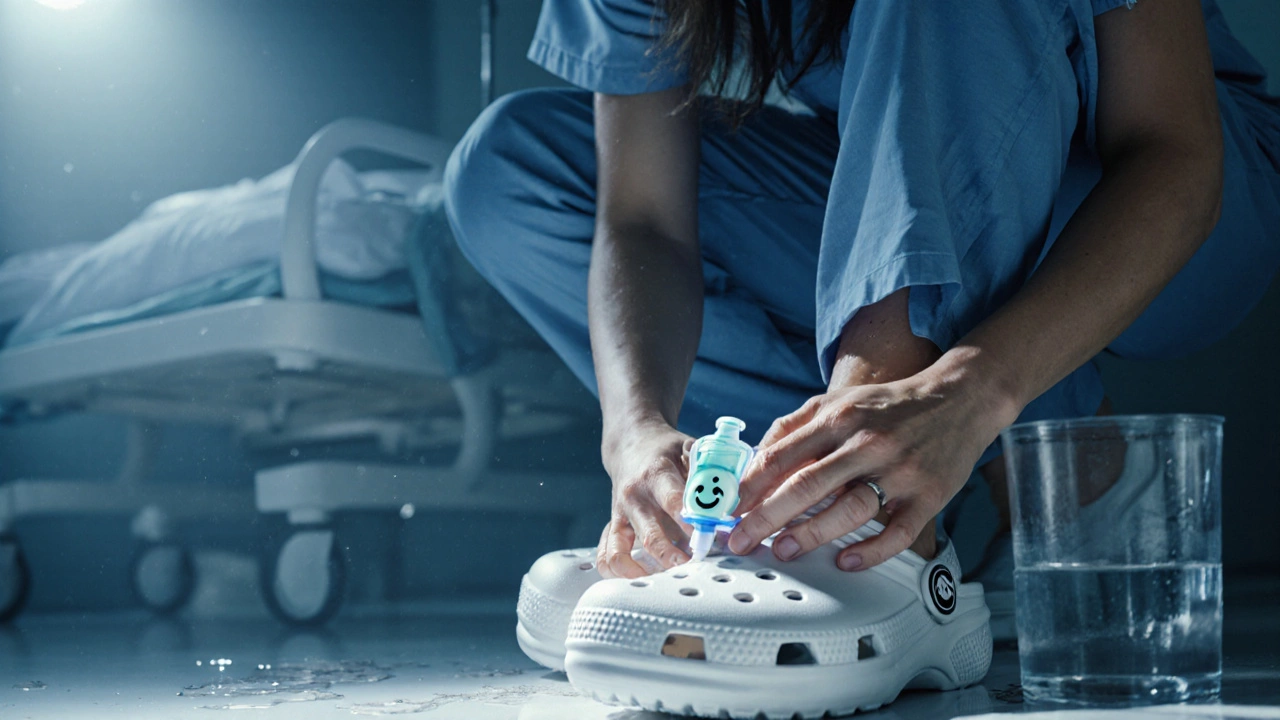 A nurse slipping on damp Crocs in an ICU bay, with a Jibbitz charm visible under overhead light.