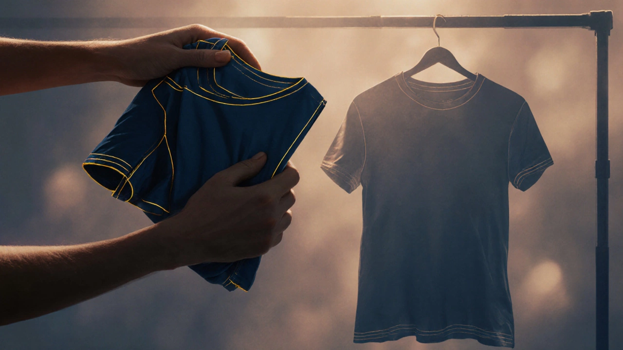 A t-shirt being folded correctly while a distorted version hangs damaged in the background.