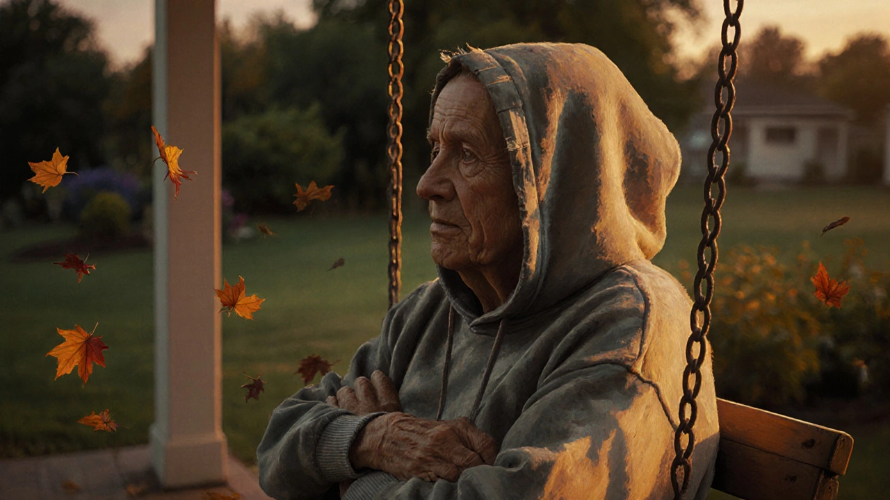 An elderly person on a porch swing hugging a faded hoodie at dusk, surrounded by falling leaves.