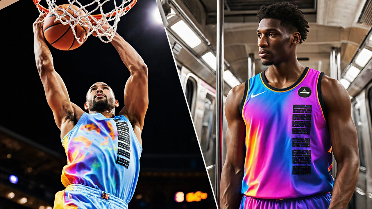 Basketball player dunking in Nike jersey, same jersey worn casually on a subway.