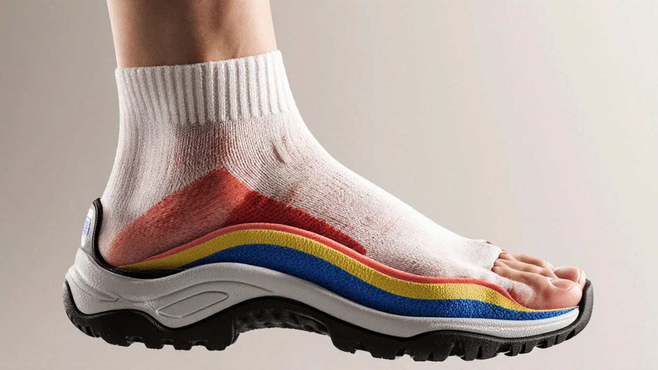 Close-up of a foot inside a supportive work shoe showing arch insole and wide toe box