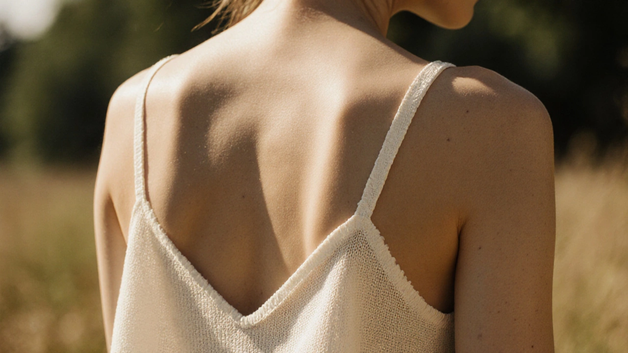 Close-up of a summer dress with a delicate keyhole cutout on the back, sunlight highlighting the fabric texture.